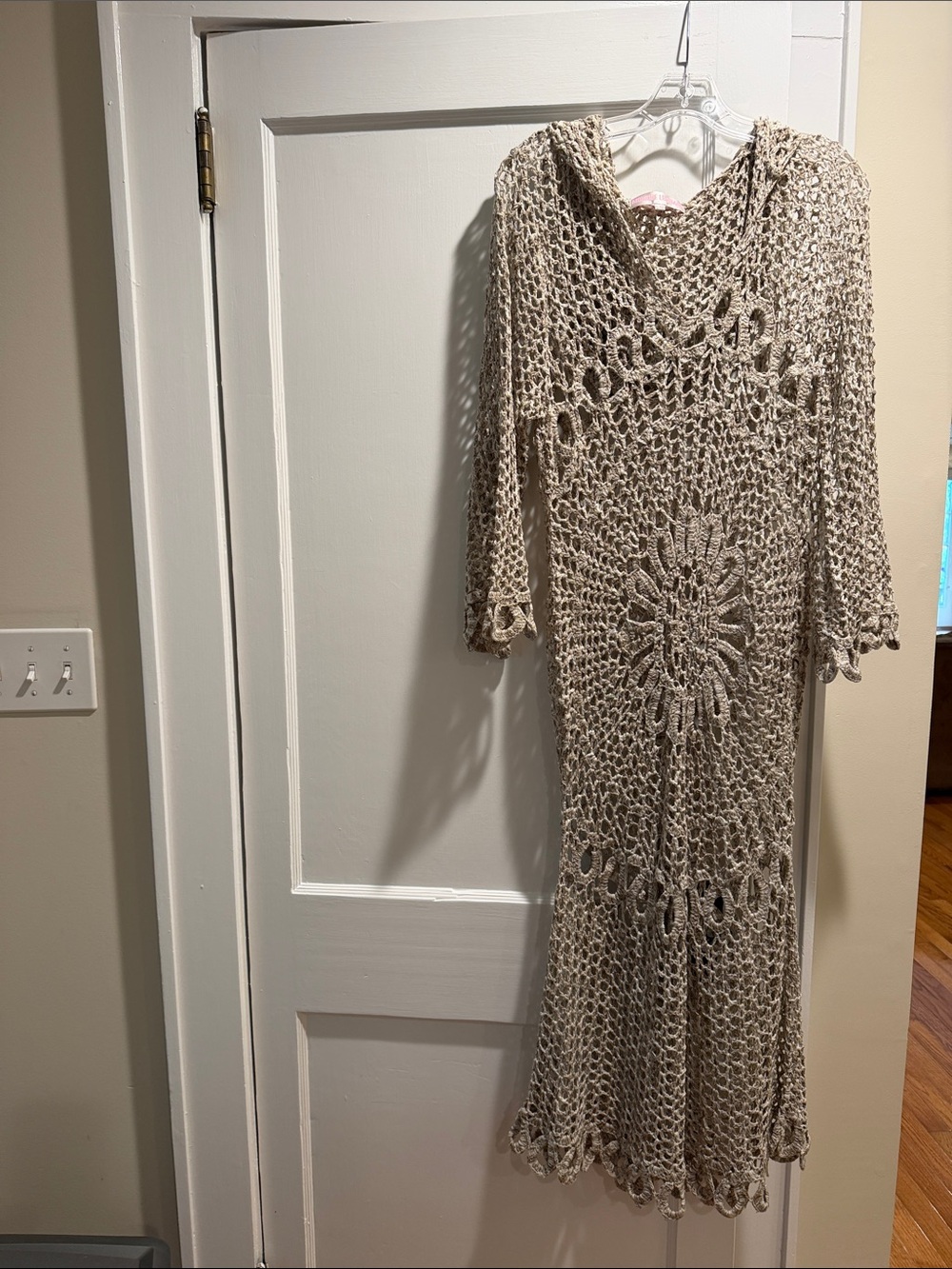 Monique Leshman Beige Crochet Hooded Maxi Dress